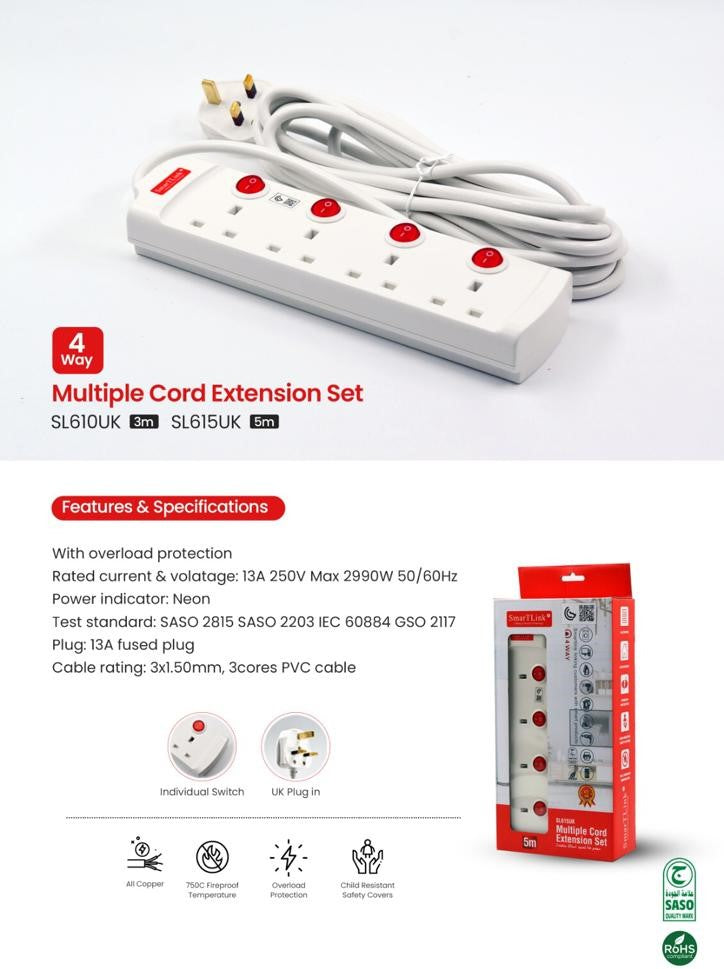 SMARTLINK EXTENSION MULTI SOCKETS 3 M 4 WAY