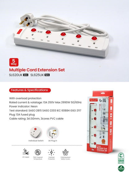 SMARTLINK EXTENSION MULTI SOCKETS 5 M 5 WAY