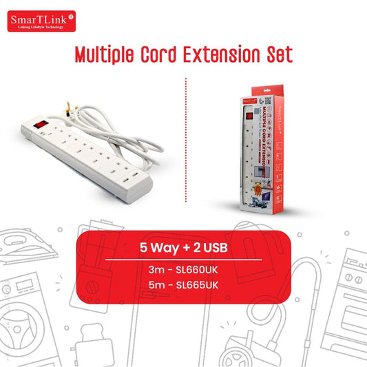 SMARTLINK EXTENSION MULTI SOCKETS 5 M 5 WAY 2 USB