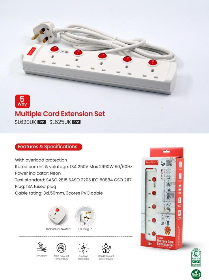 SMARTLINK EXTENSION MULTI SOCKETS 3 M 5 WAY